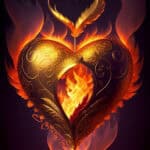 Heart-shaped flaming lamp with intricate gold detailing and fiery flames, symbolising passion and illumination.