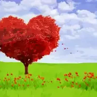 A heart-shaped tree with red leaves in a bright green field under a blue sky.